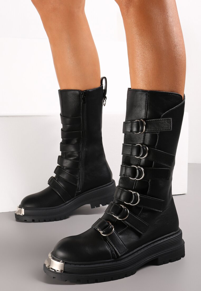 Botine Negre Plate Talpă Groasă Fermoar Curele Ajustabile Rimske