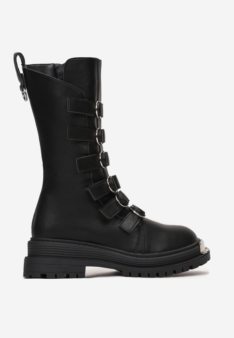 Botine Negre Plate Talpă Groasă Fermoar Curele Ajustabile Rimske