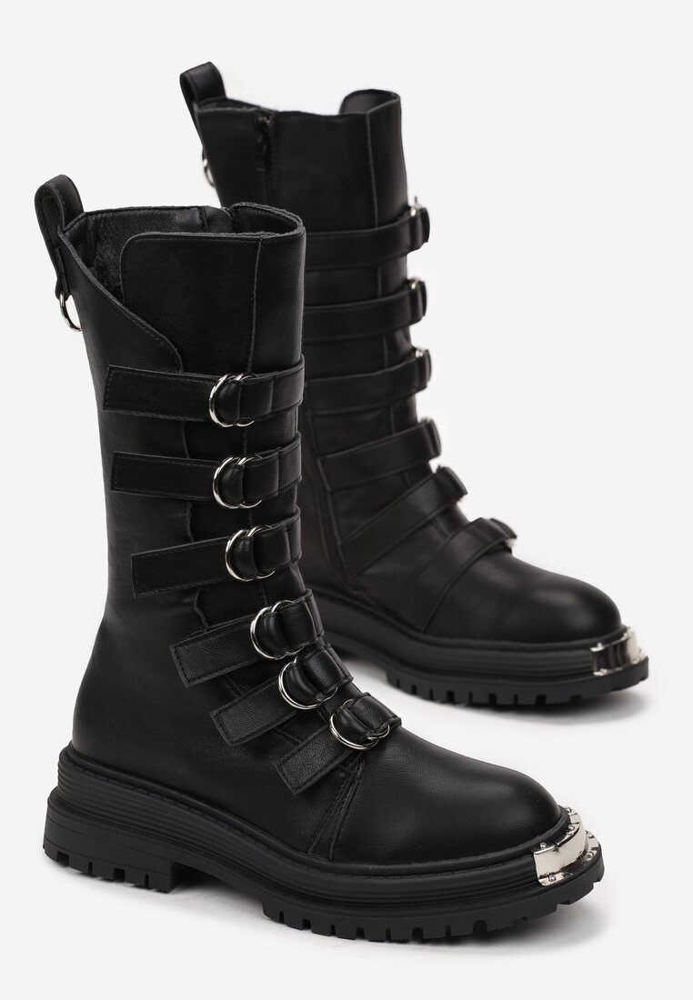 Botine Negre Plate Talpă Groasă Fermoar Curele Ajustabile Rimske