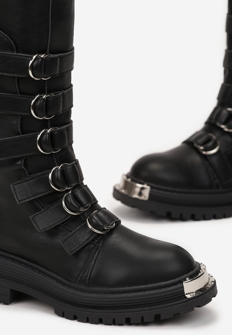 Botine Negre Plate Talpă Groasă Fermoar Curele Ajustabile Rimske