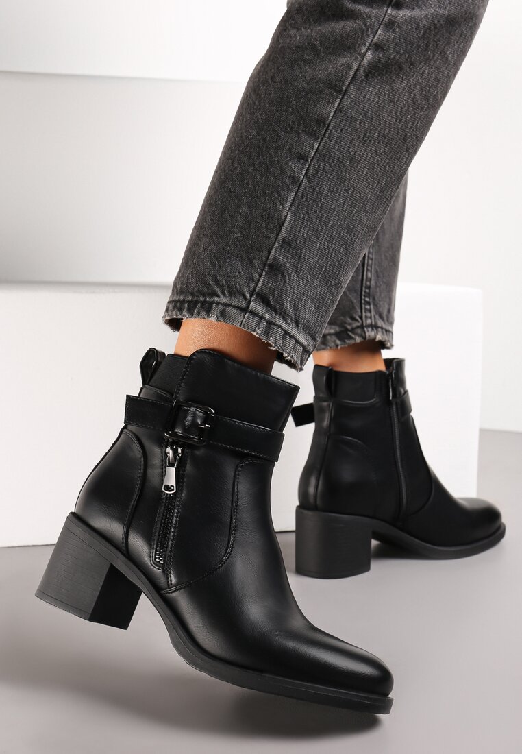 Botine negre cu fermoar și cataramă decorativă pe toc pătrat Manuelles