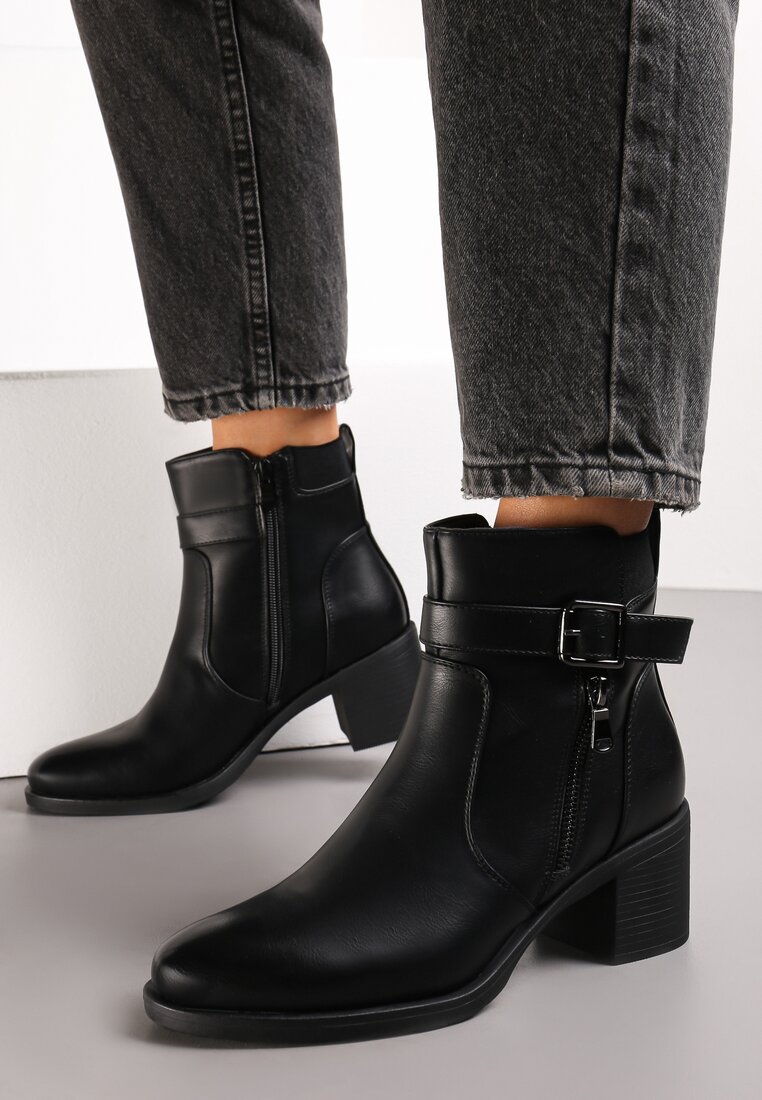 Botine negre cu fermoar și cataramă decorativă pe toc pătrat Manuelles
