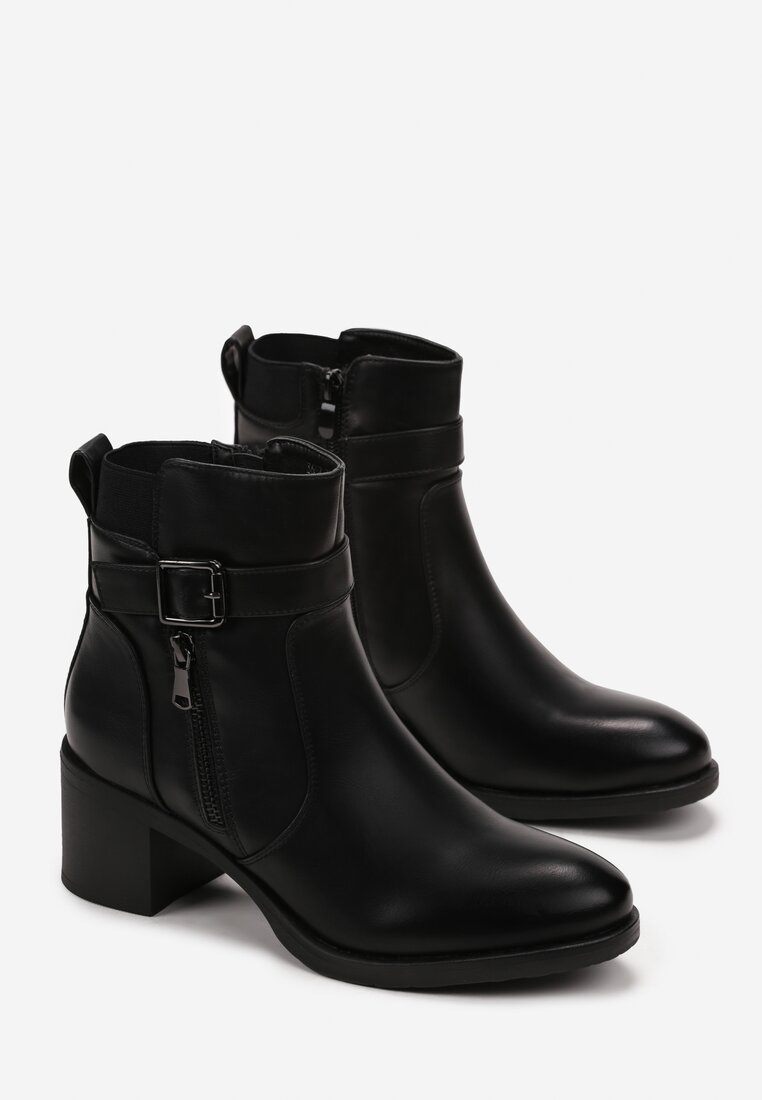Botine negre cu fermoar și cataramă decorativă pe toc pătrat Manuelles