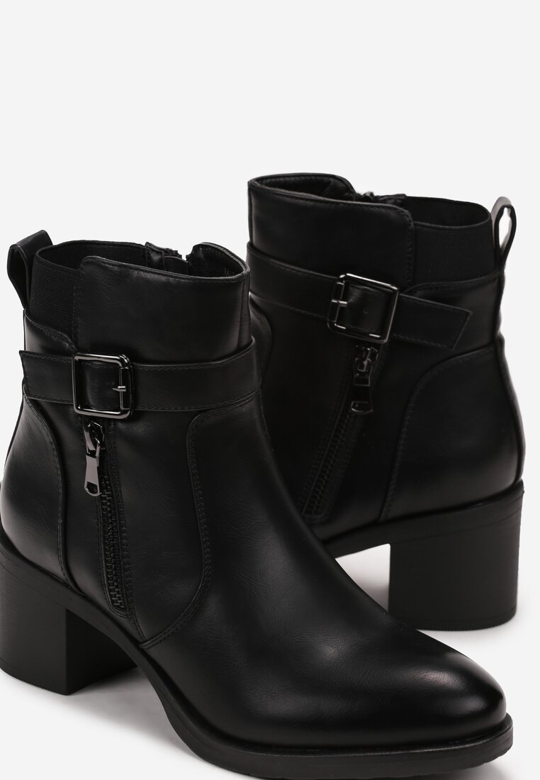 Botine negre cu fermoar și cataramă decorativă pe toc pătrat Manuelles