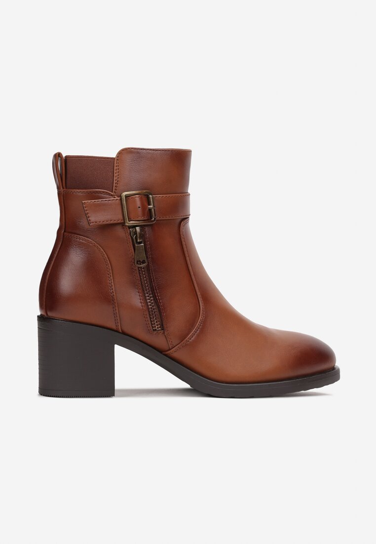Botine Maro cu Fermoar cu Cataramă Decorativă pe Toc Bloc Pătrat Manuelles
