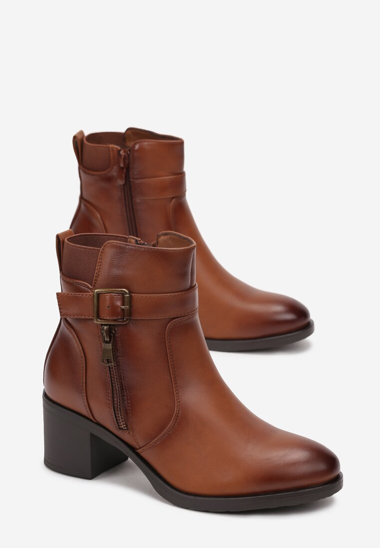 Botine Maro cu Fermoar cu Cataramă Decorativă pe Toc Bloc Pătrat Manuelles