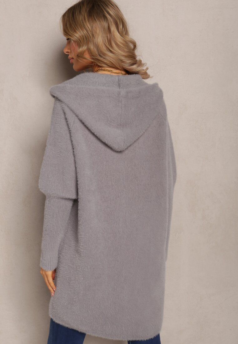 Szary Długi Kardigan Zapinany na Zamek Błyskawiczny z Kieszeniami i Kapturem Fingolia