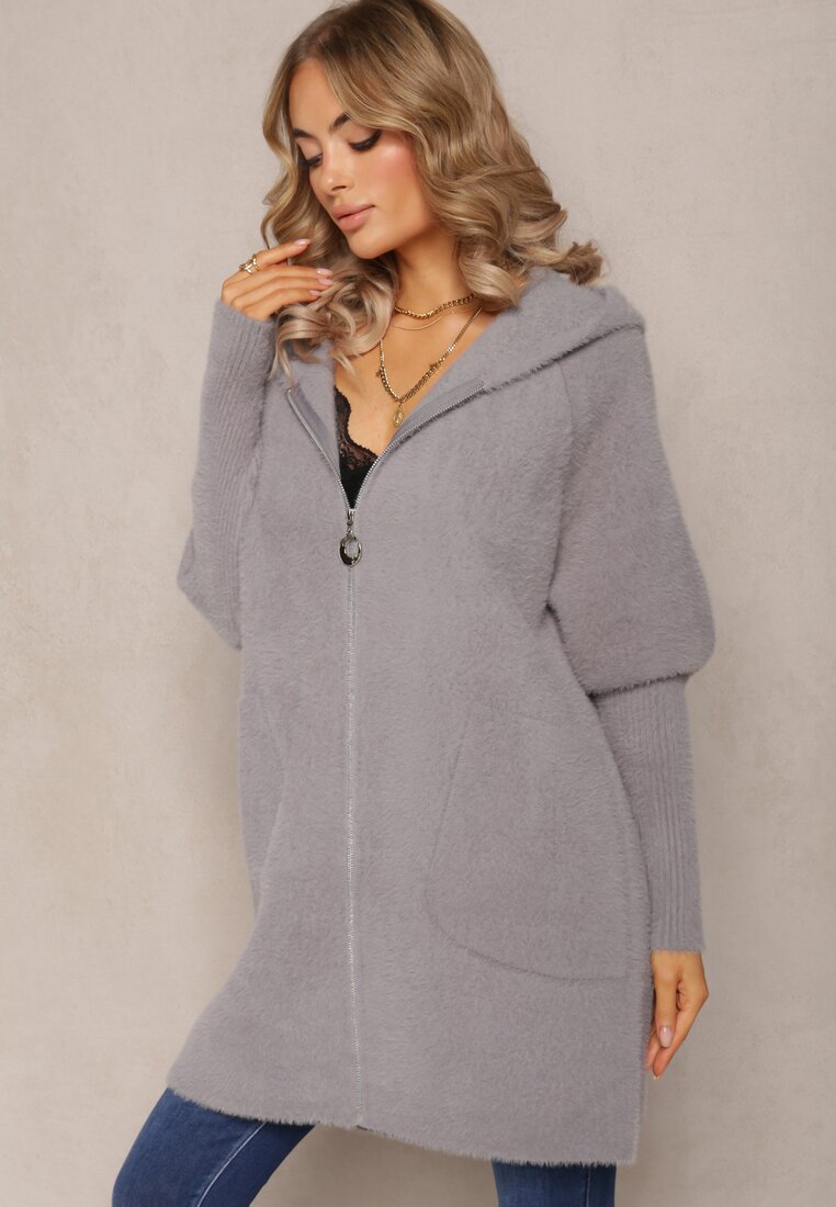 Szary Długi Kardigan Zapinany na Zamek Błyskawiczny z Kieszeniami i Kapturem Fingolia