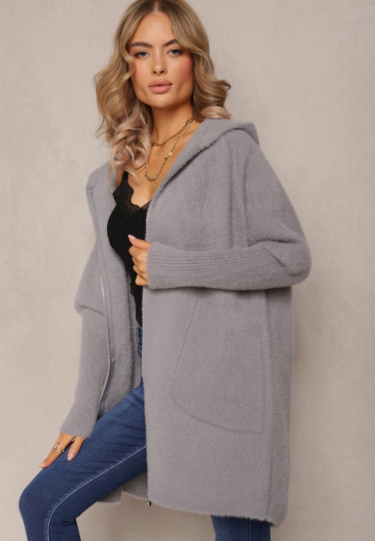 Szary Długi Kardigan Zapinany na Zamek Błyskawiczny z Kieszeniami i Kapturem Fingolia