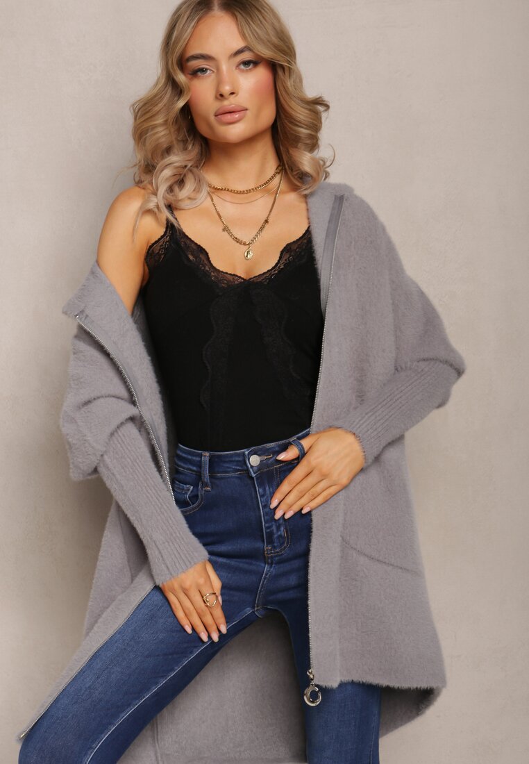 Szary Długi Kardigan Zapinany na Zamek Błyskawiczny z Kieszeniami i Kapturem Fingolia