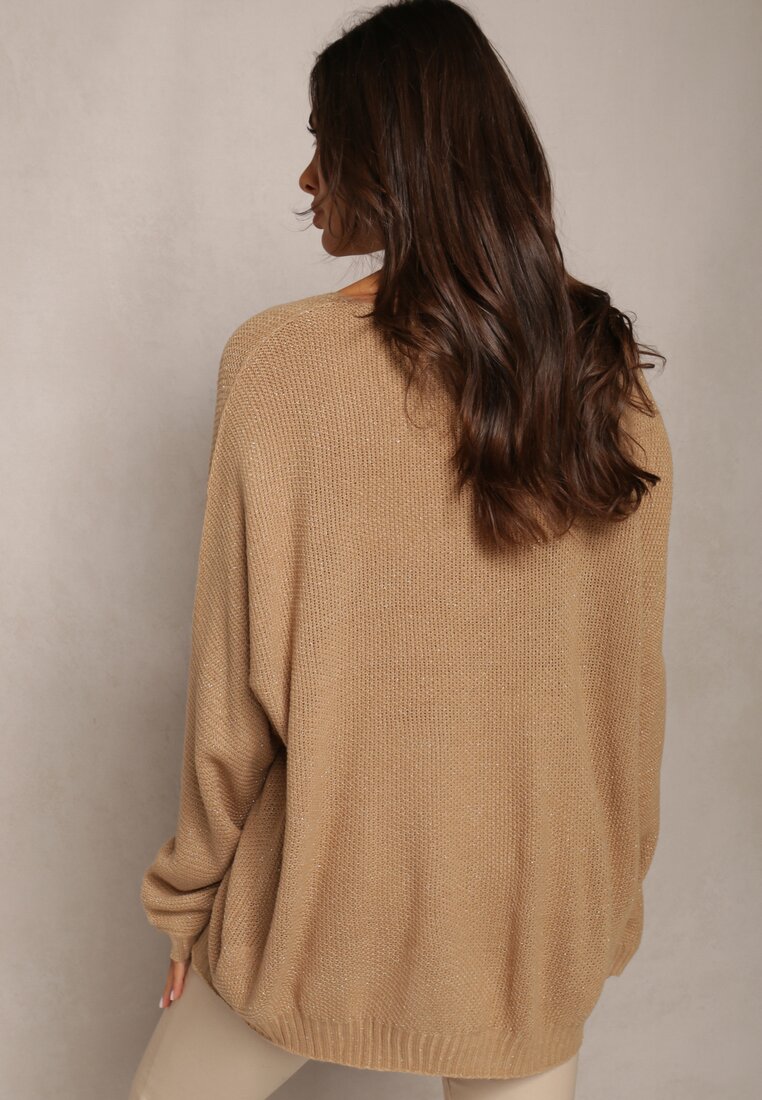 Beżowy Sweter z Szerokim Rękawem i Metaliczną Nitką Annibes