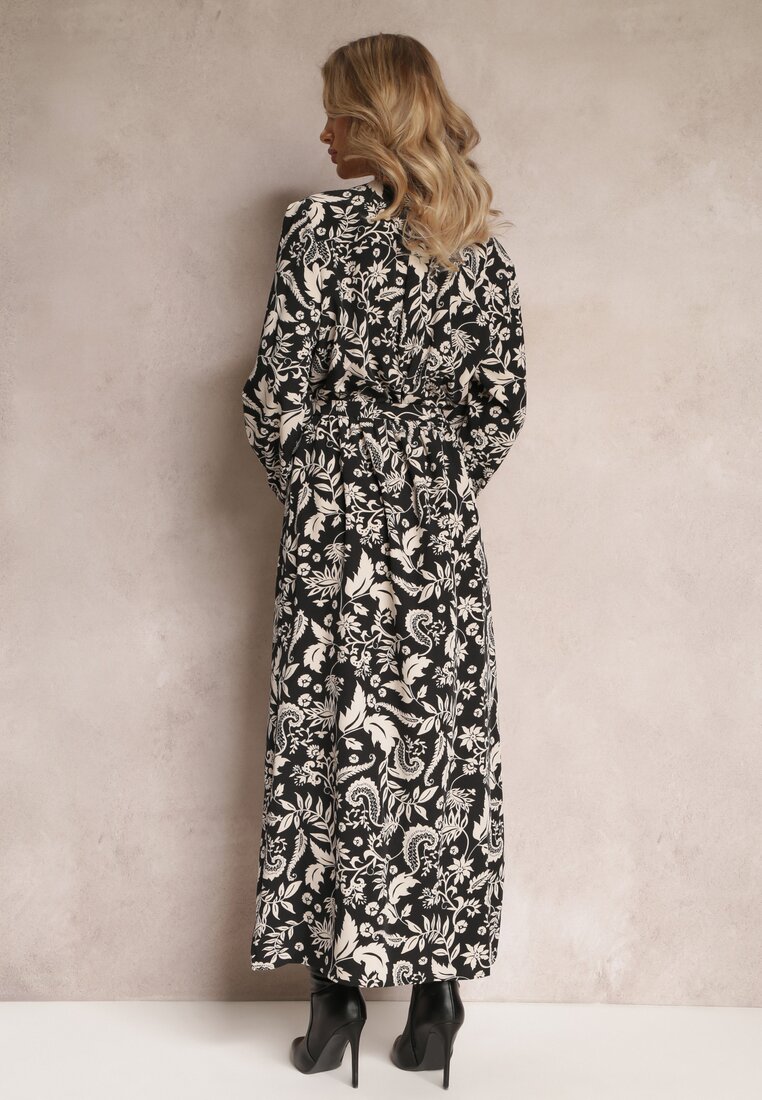 Czarna Maxi Sukienka w Modny Print o Rozkloszowanym Kroju z Gumką w Talii Sindis