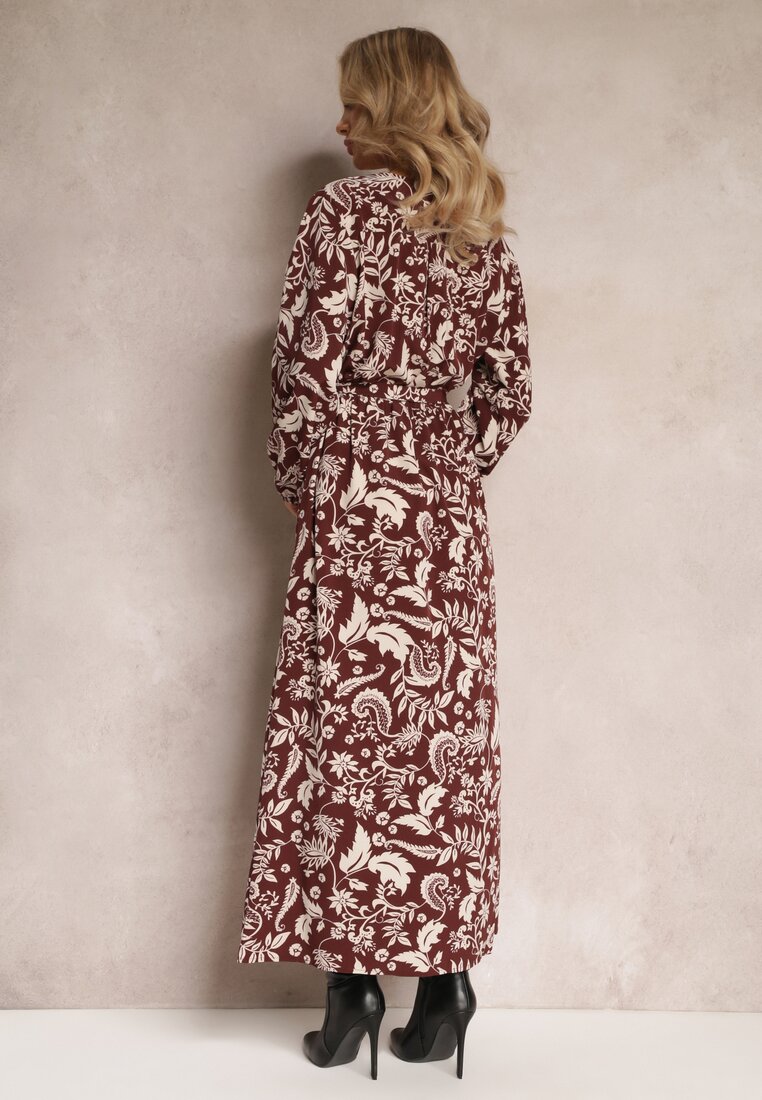 Brązowa Maxi Sukienka w Modny Print o Rozkloszowanym Kroju z Gumką w Talii Sindis