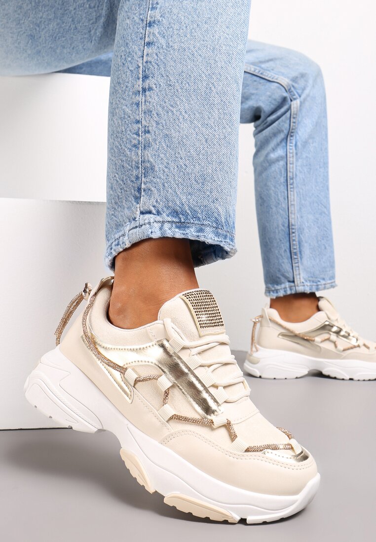 Sneakers Bej cu șiret decorativ cu zirconiu Babeset