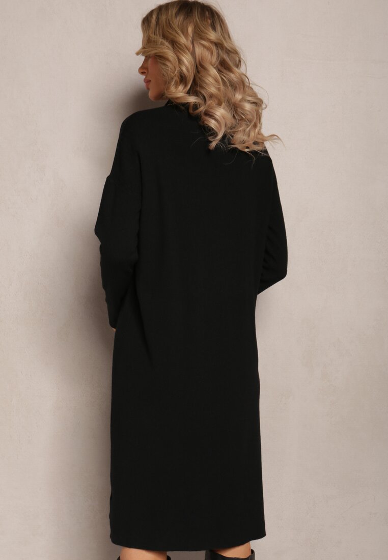 Czarna Basic Sukienka Midi ze Sweterkowej Dzianiny z Szerokim Golfem Amille