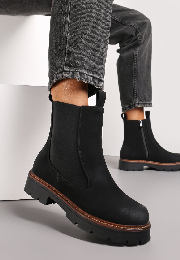 Botine Negre din Imitație de Catifea pe Talpă Groasă Sarel
