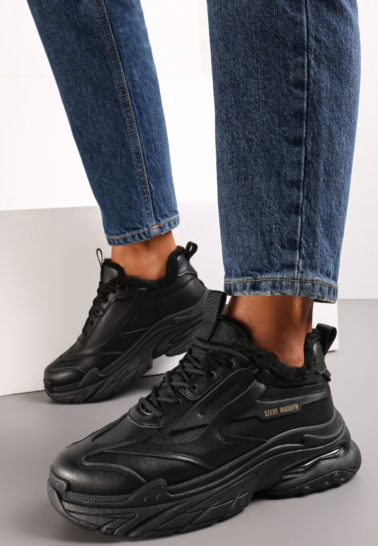 Sneakerși Negri cu Șireturi pe Talpă Groasă din Piele Ecologică Fadora
