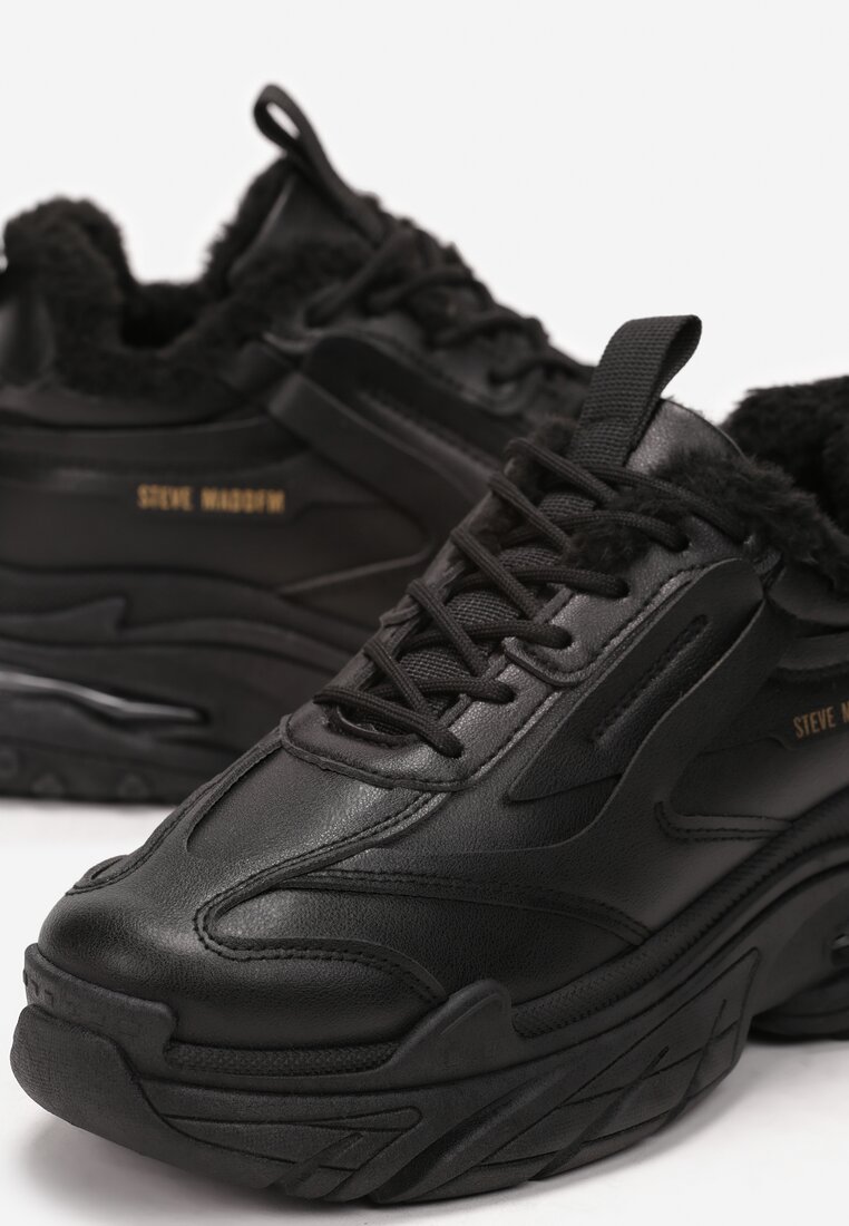 Sneakerși Negri cu Șireturi pe Talpă Groasă din Piele Ecologică Fadora
