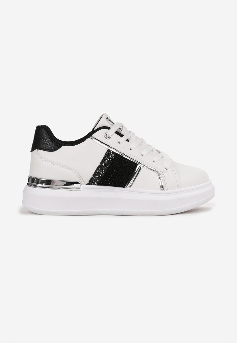 Sneakerși Alb-Negru cu Șireturi pe Talpă Groasă Plată cu Inserții Metalice și Zirconiu Shiorina