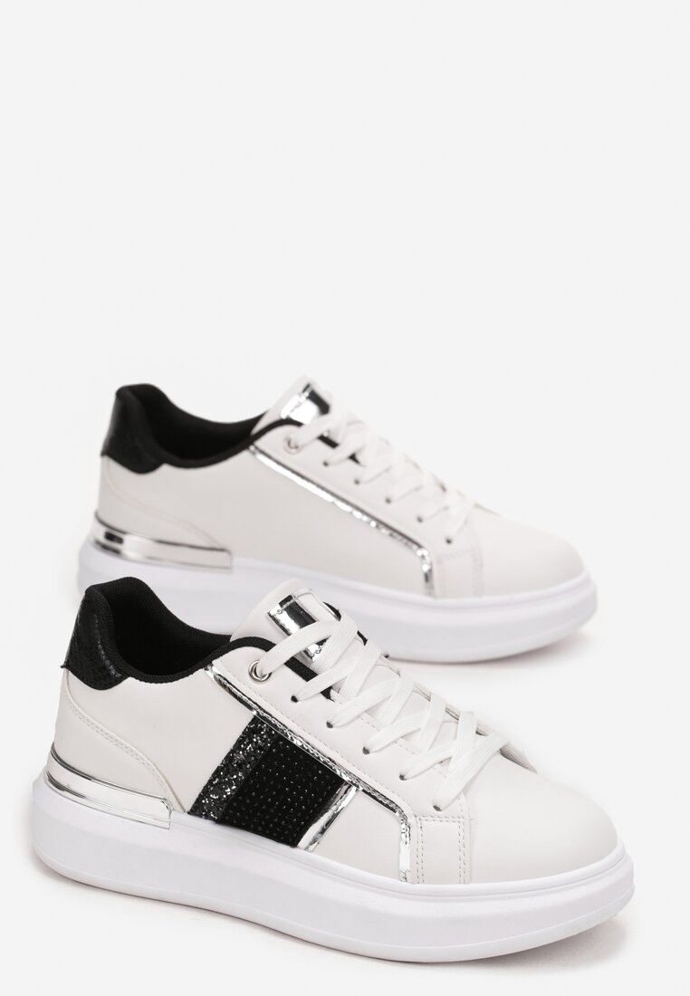 Sneakerși Alb-Negru cu Șireturi pe Talpă Groasă Plată cu Inserții Metalice și Zirconiu Shiorina