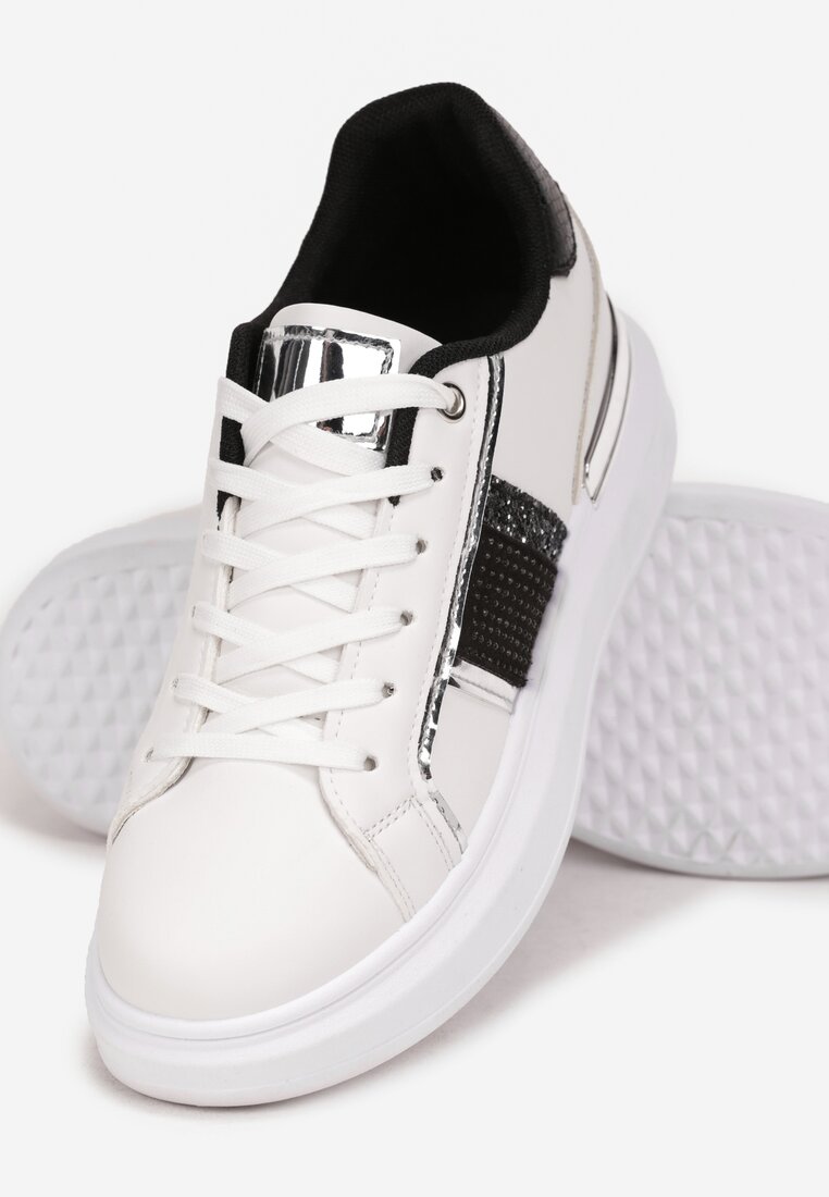 Sneakerși Alb-Negru cu Șireturi pe Talpă Groasă Plată cu Inserții Metalice și Zirconiu Shiorina