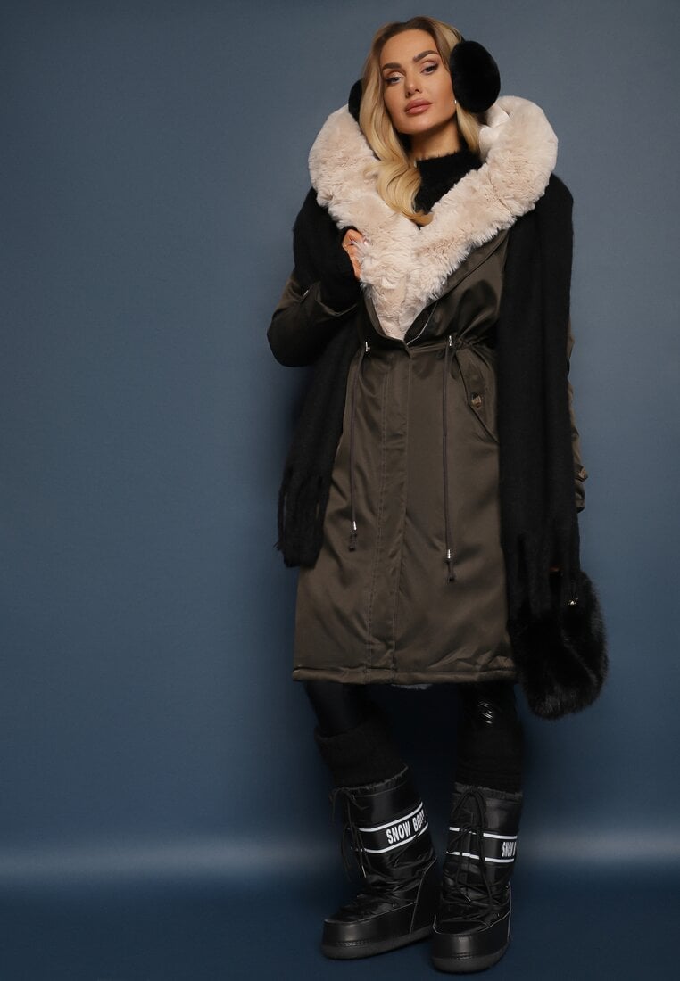 Verde Închis Lungă Jachetă Parka Nylon Palton cu Blană Inserții Rinale