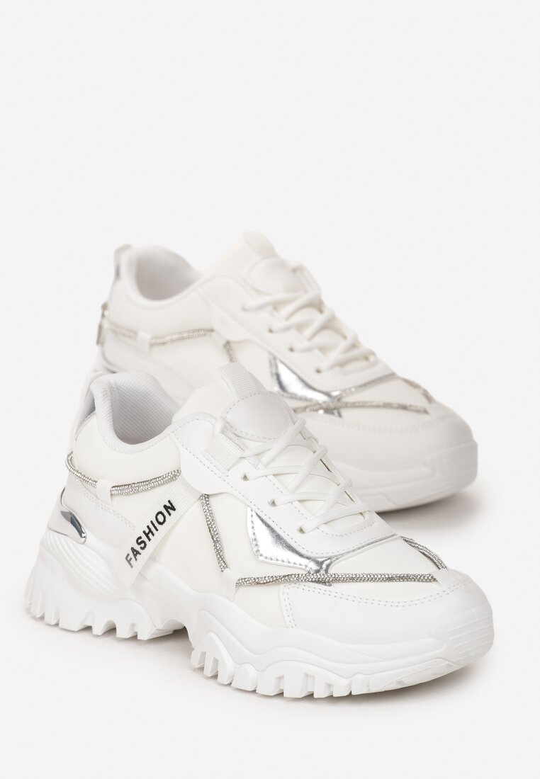 Białe Sznurowane Sneakersy z Ozdobnym Paskiem i Metalicznymi Wstawkami Asterella