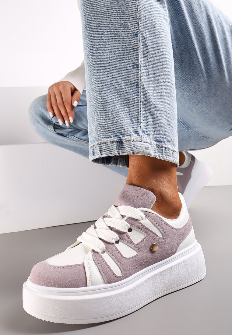 Biało-Fioletowe Sneakersy na Platformie z Szerokim Sznurowaniem Aklilu