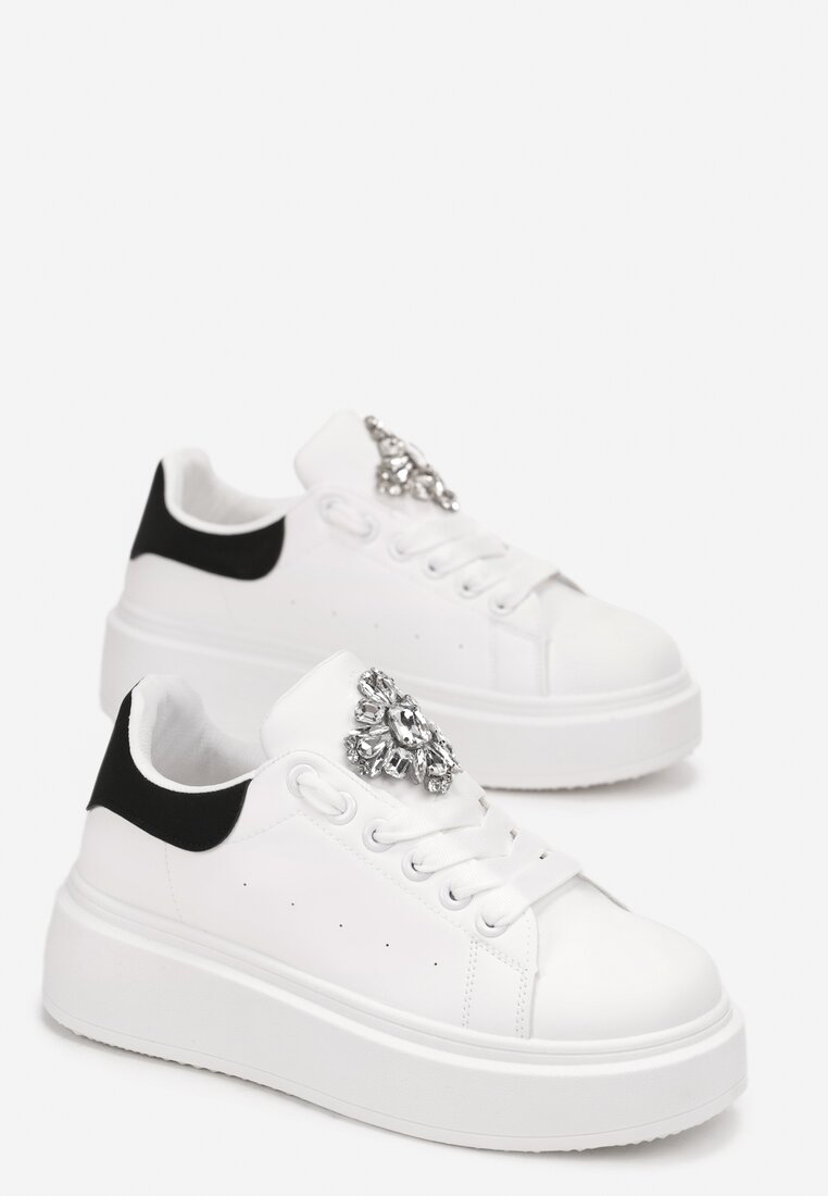 Biało-Czarne Sneakersy na Grubej Podeszwie z Kryształkami Seraffina