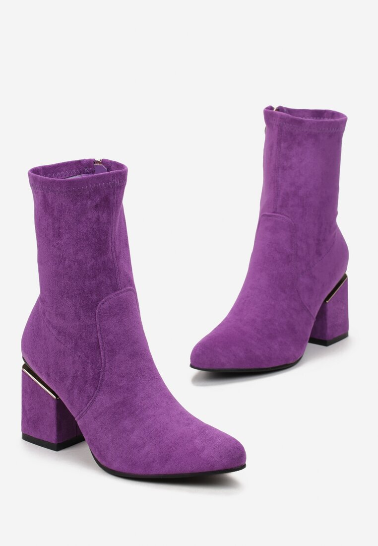 Fioletowe Botki na Obcasie z Wycięciem i Metaliczną Wstawką Melisandra