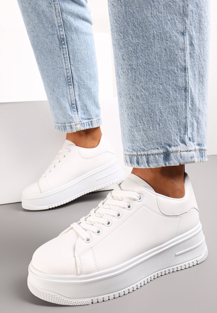 Białe-Sneakersy na Platformie z Wiązaniem Misganella