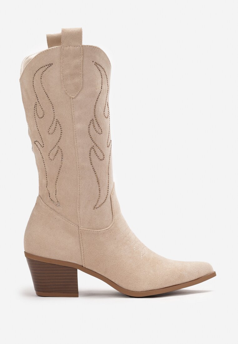 Beżowe Kowbojki Kozaki na Niskim Słupku z Cyrkoniami Unarae