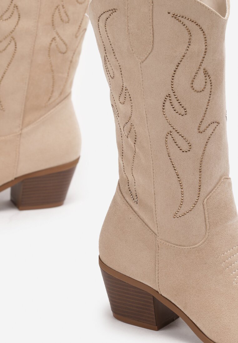 Beżowe Kowbojki Kozaki na Niskim Słupku z Cyrkoniami Unarae