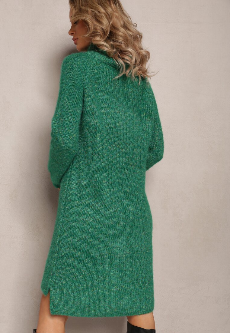 Zielona Dzianinowa Sweterkowa Sukienka Mini z Golfem i Długim Rękawem Wivara