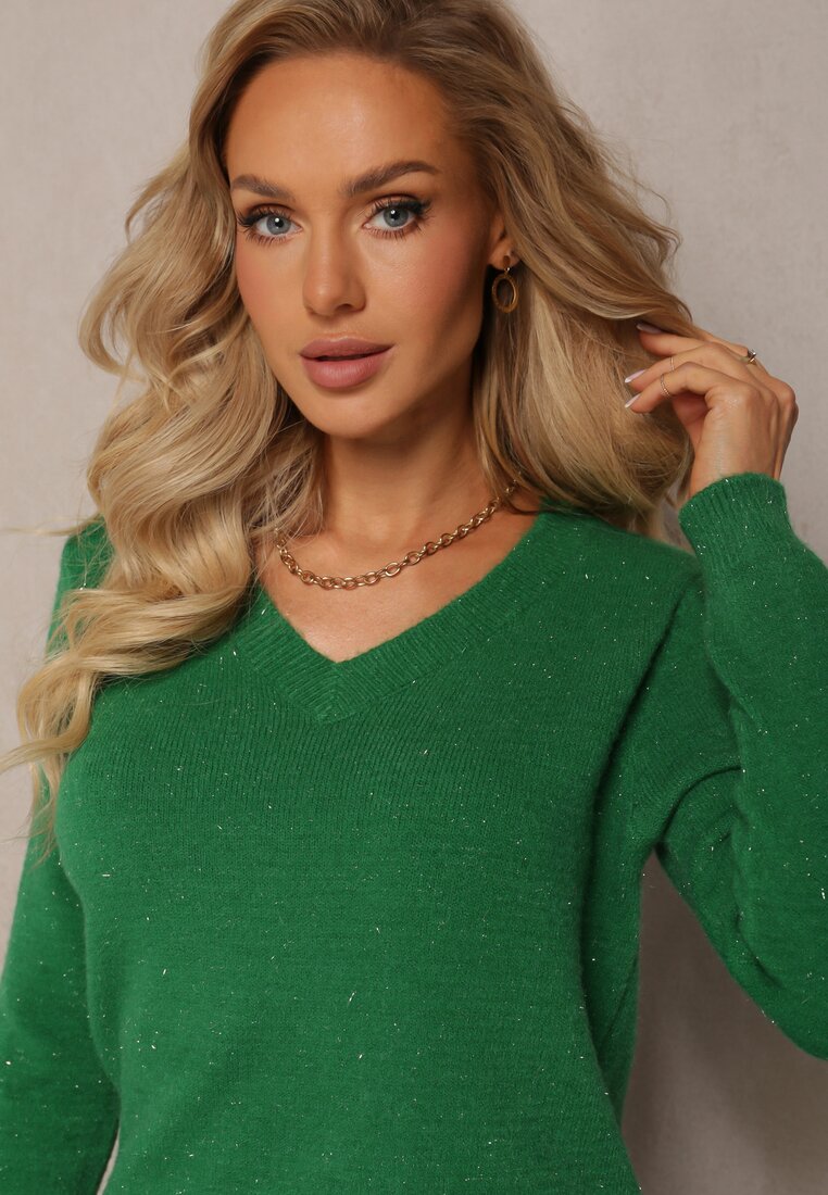 Zielony Dzianinowy Sweter z Metaliczną Nitką Kirrelle