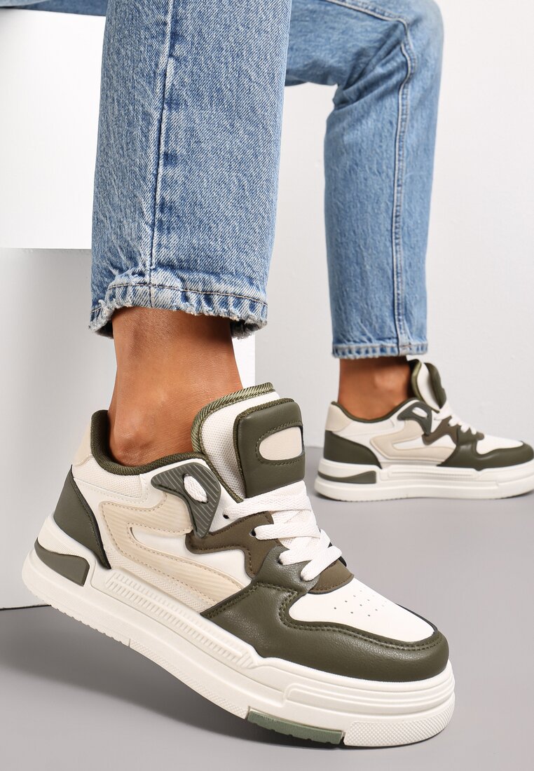 Zieloneo-Białe Sneakersy Ozdobione Wstawkami i Perforacją z Imitacji Skóry Cressia