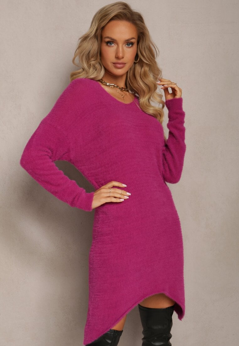 Ciemnofioletowy Sweter Tunika z Asymetrycznym Dołem i Długim Rękawem Arlin