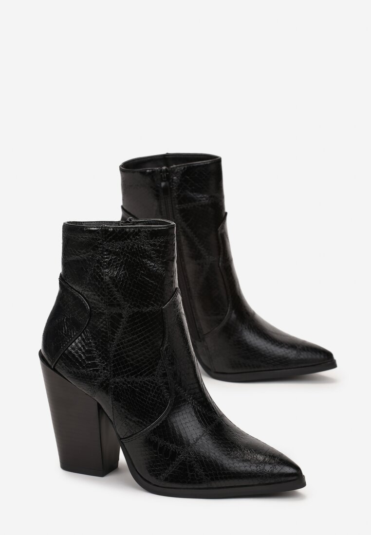Czarne Botki Kowbojki na Słupku z Imitacją Skóry Węża Prailea