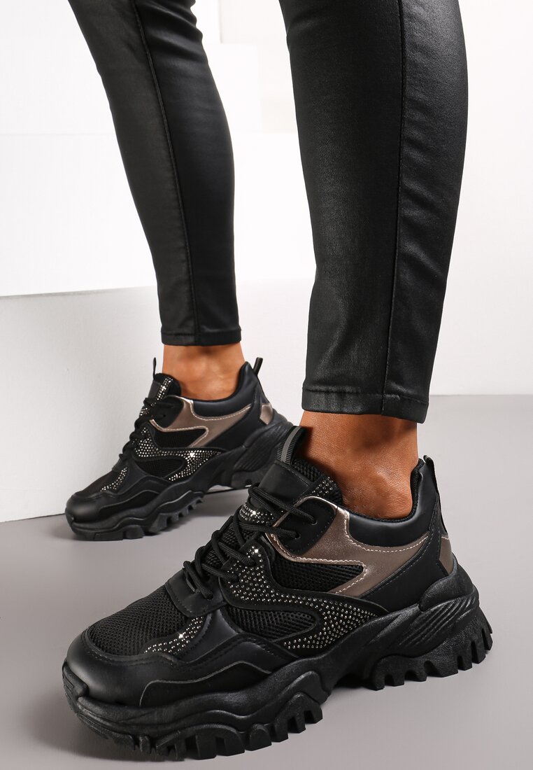 Sneakers Negri cu Talpă Groasă și Pietre Strass Wintale