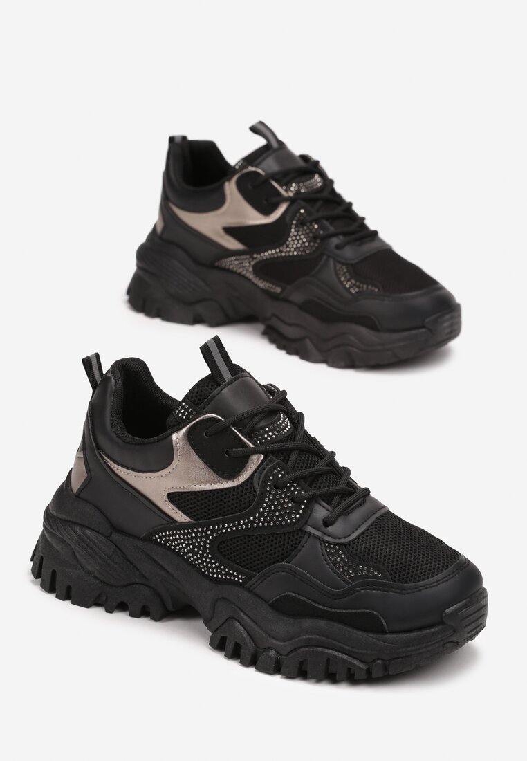 Sneakers Negri cu Talpă Groasă și Pietre Strass Wintale