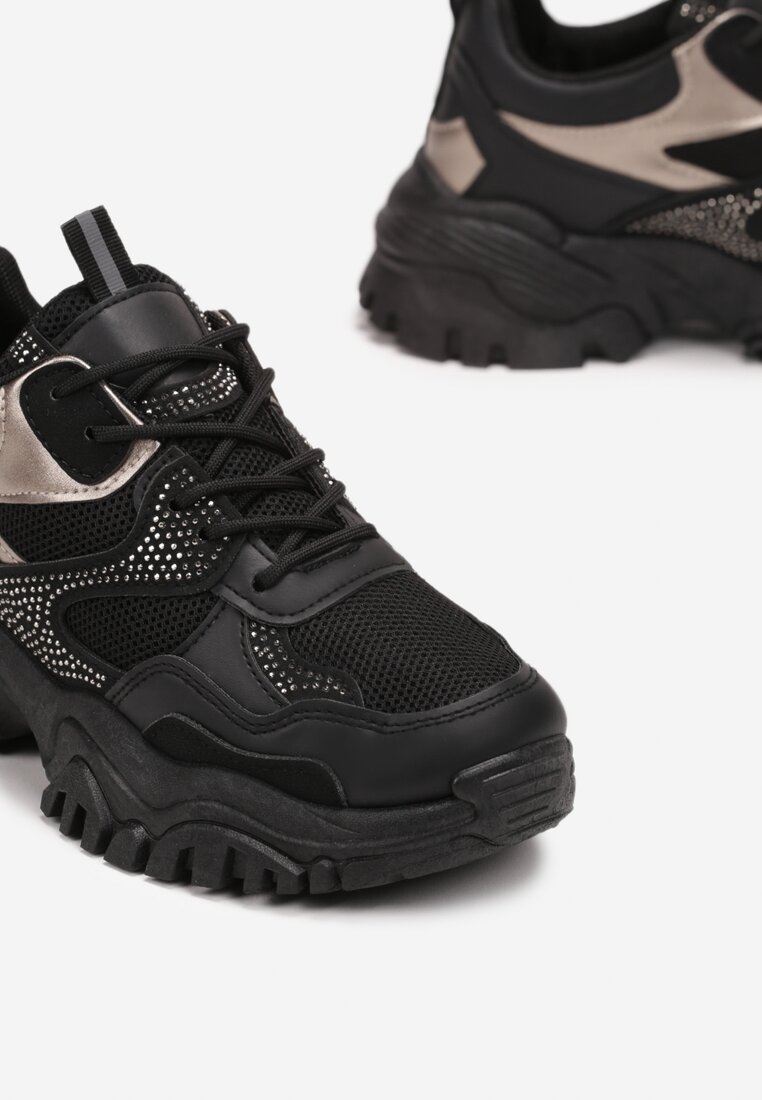 Sneakers Negri cu Talpă Groasă și Pietre Strass Wintale