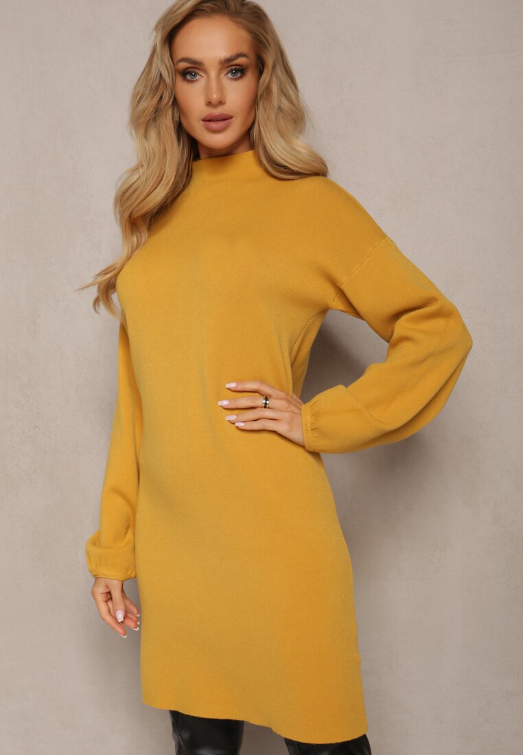 Żółta Sukienka Mini Sweterkowa z Luźnymi Rękawami Falis