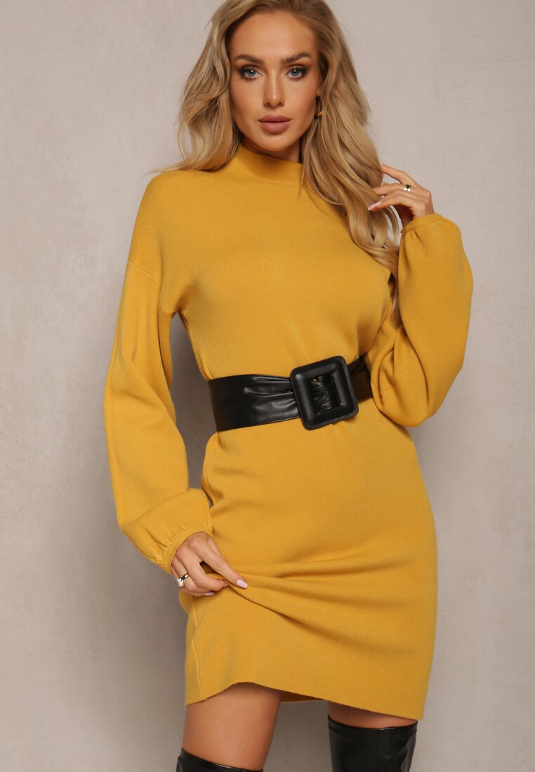 Żółta Sukienka Mini Sweterkowa z Luźnymi Rękawami Falis