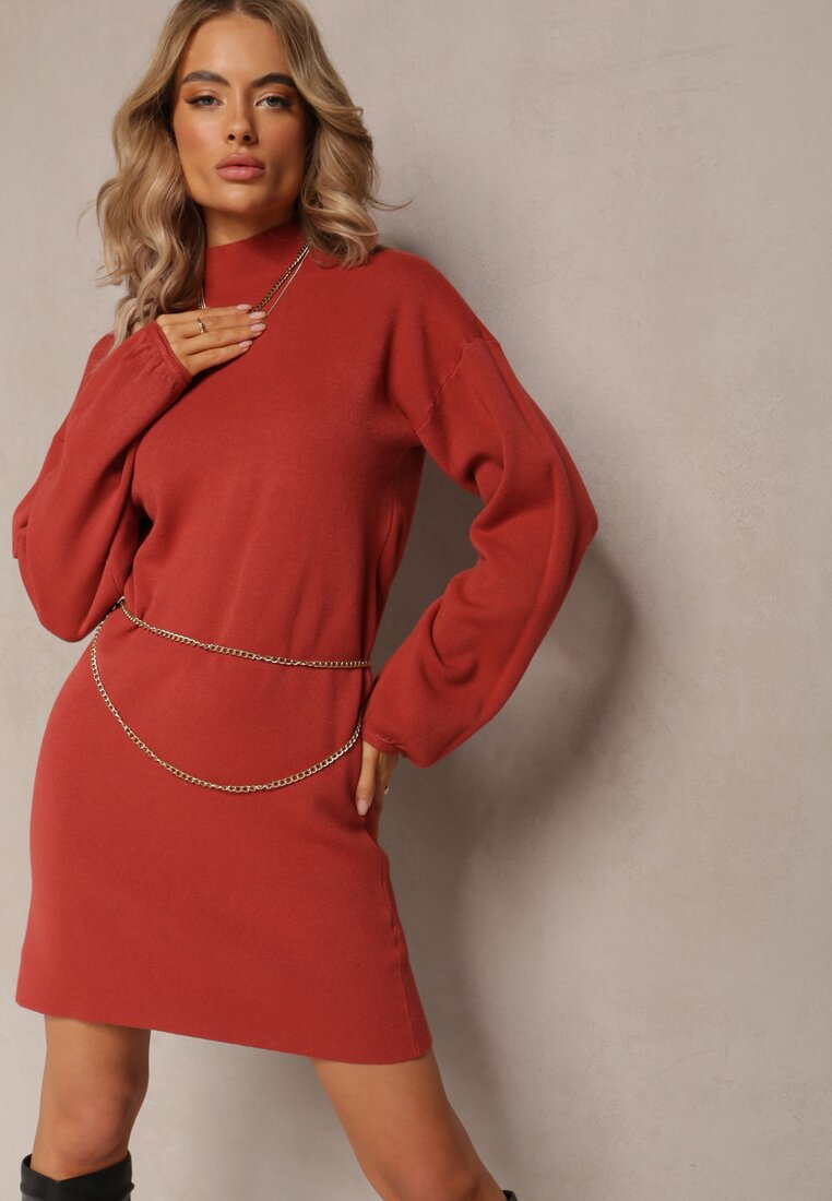 Czerwona Sukienka Mini Sweterkowa z Luźnymi Rękawami Falis