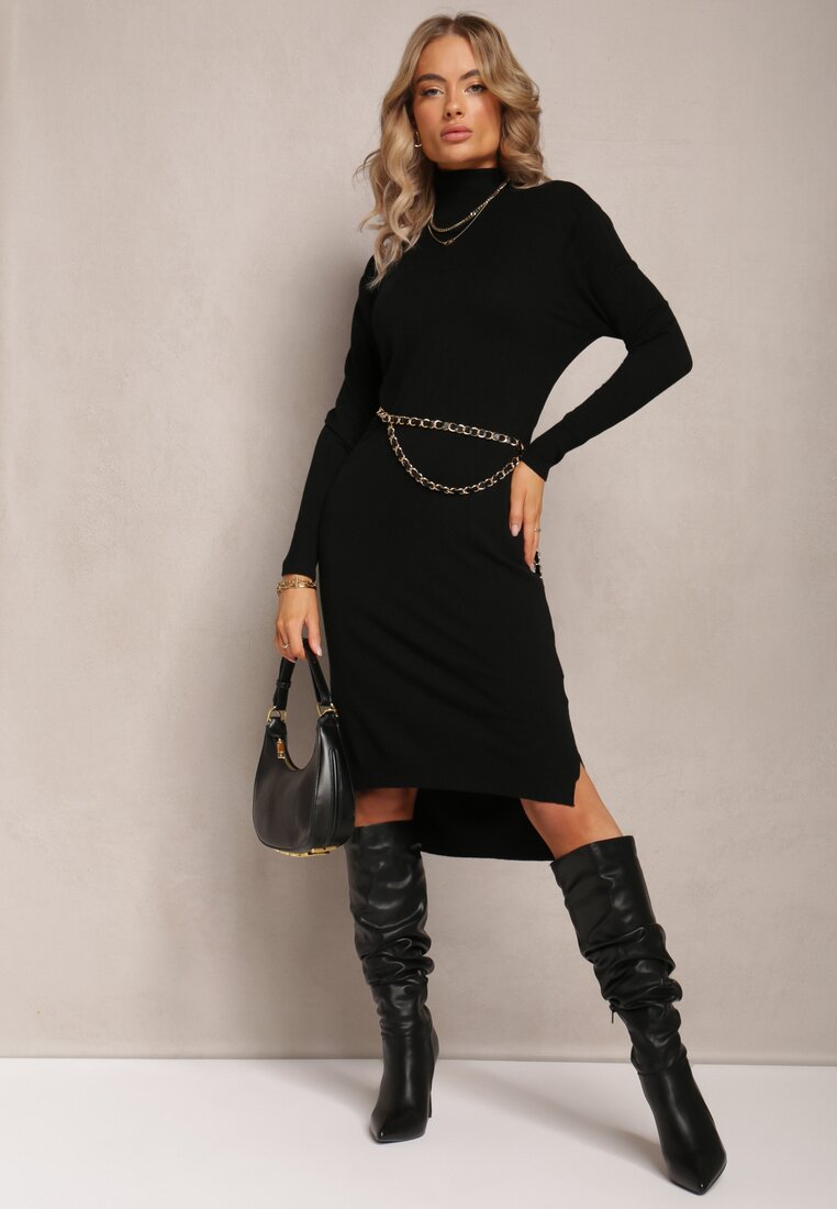 Czarna Sweterkowa Sukienka Midi z Golfem Elsames