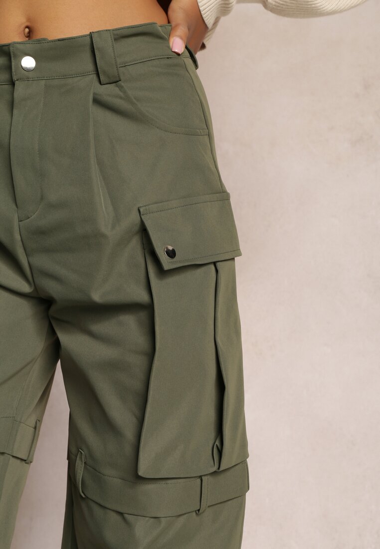 Zielone Szerokie Spodnie High Waist w Stylu Cargo Vomisal