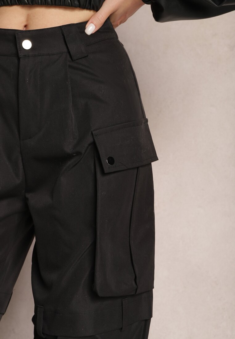 Czarne Szerokie Spodnie High Waist w Stylu Cargo Vomisal