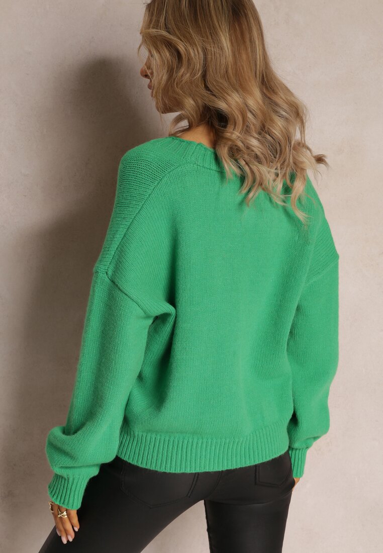 Zielony Klasyczny Kardigan ze Sweterkowego Materiału Zapinany na Guziki Silome