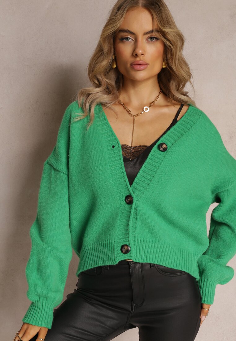 Zielony Klasyczny Kardigan ze Sweterkowego Materiału Zapinany na Guziki Silome