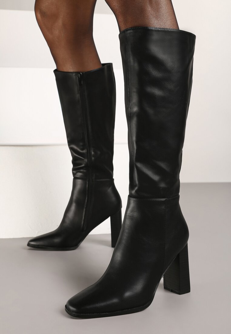 Czarne Kozaki z Kwadratowym Noskiem na Ozdobnym Słupku Colinta